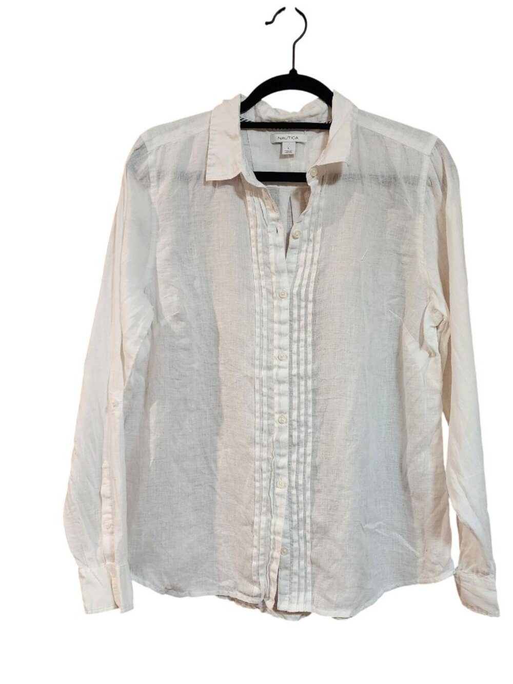 Nautica 100% Linen White Long roll tabbed Sleeved Button Up Top Womens Size L
